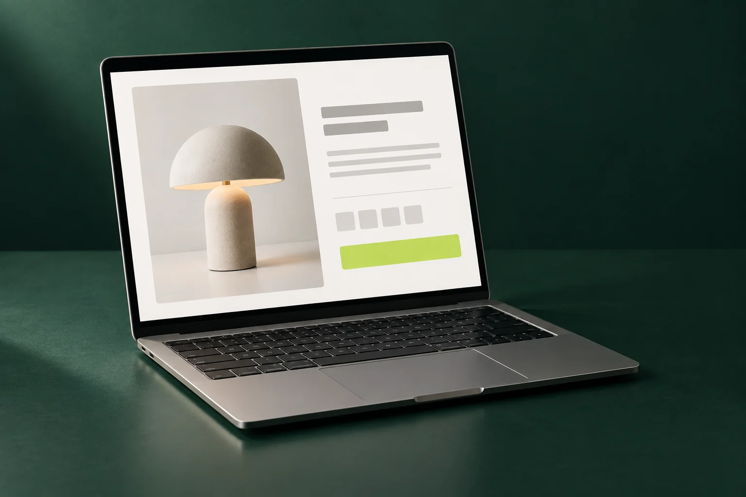 Laptop mit einem reduzierten Produktseiten-Konzept für eine Tischleuchte und grünem Aktionsfeld.